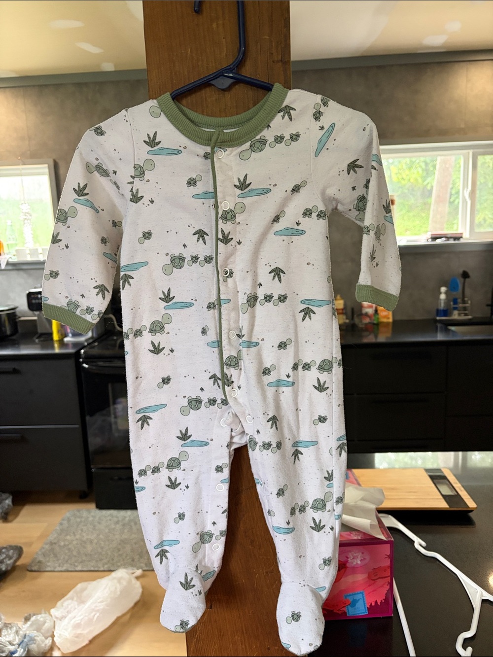 Green Turtle Print Baby Footie One-Piece
